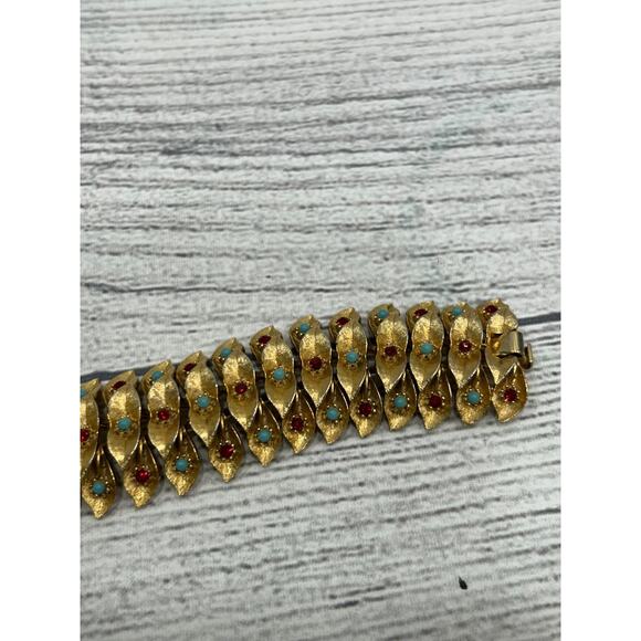 Vintage French Gold Plated Bracelet Turquoise Beads & Garnet Foldover Clasp - Picture 8 of 10